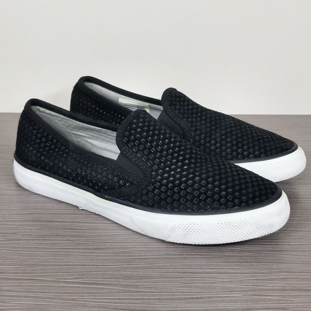 Sperry Top Spider Seaside Sneaker, Black Embossed Suede, Womens Size 7.5 M / 38